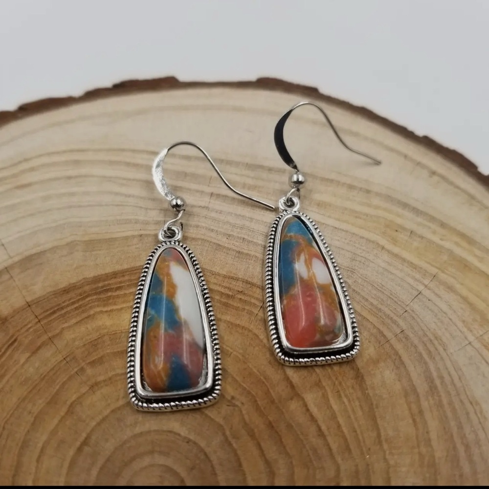 Sterling Silver and Spiny Oyster Blue and Red Stone Drop Earrings